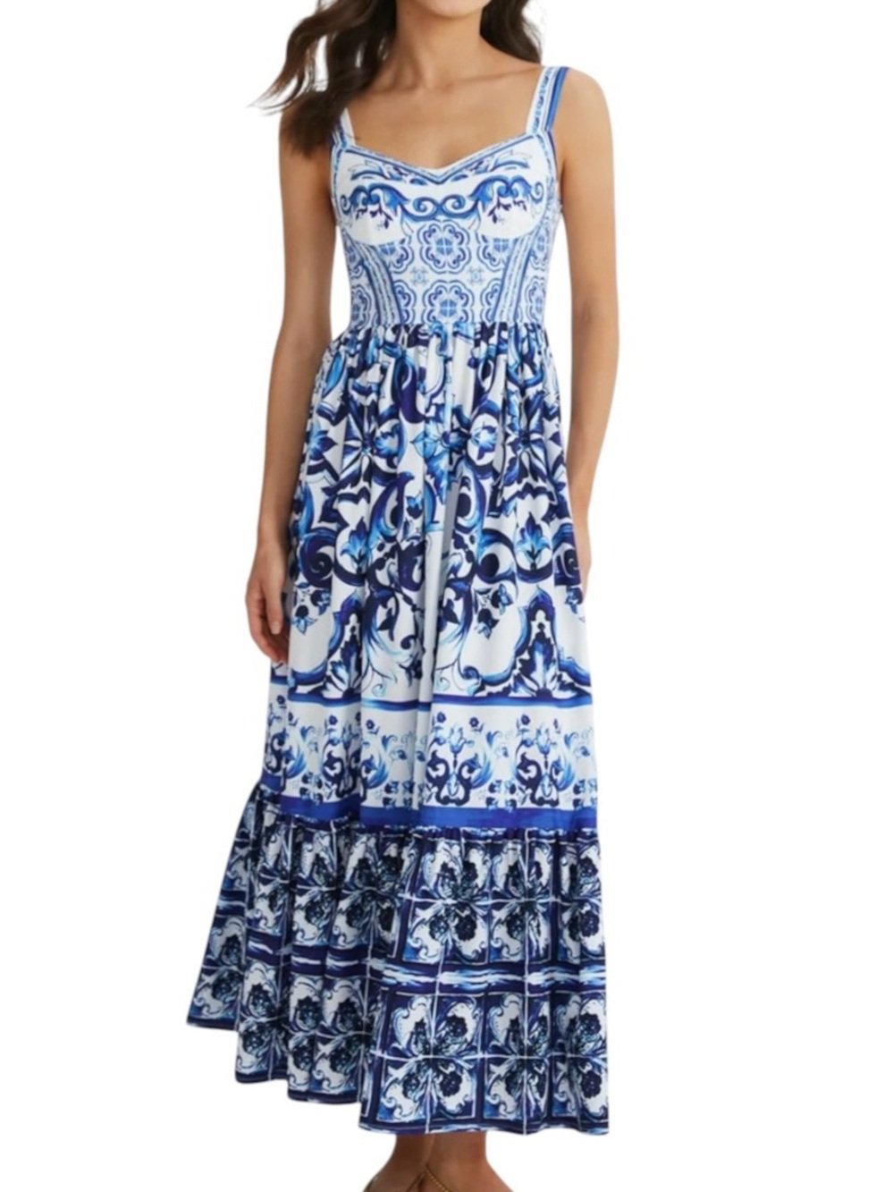 Commense Blue White Tile Print Smocked Maxi Dress Large NWT